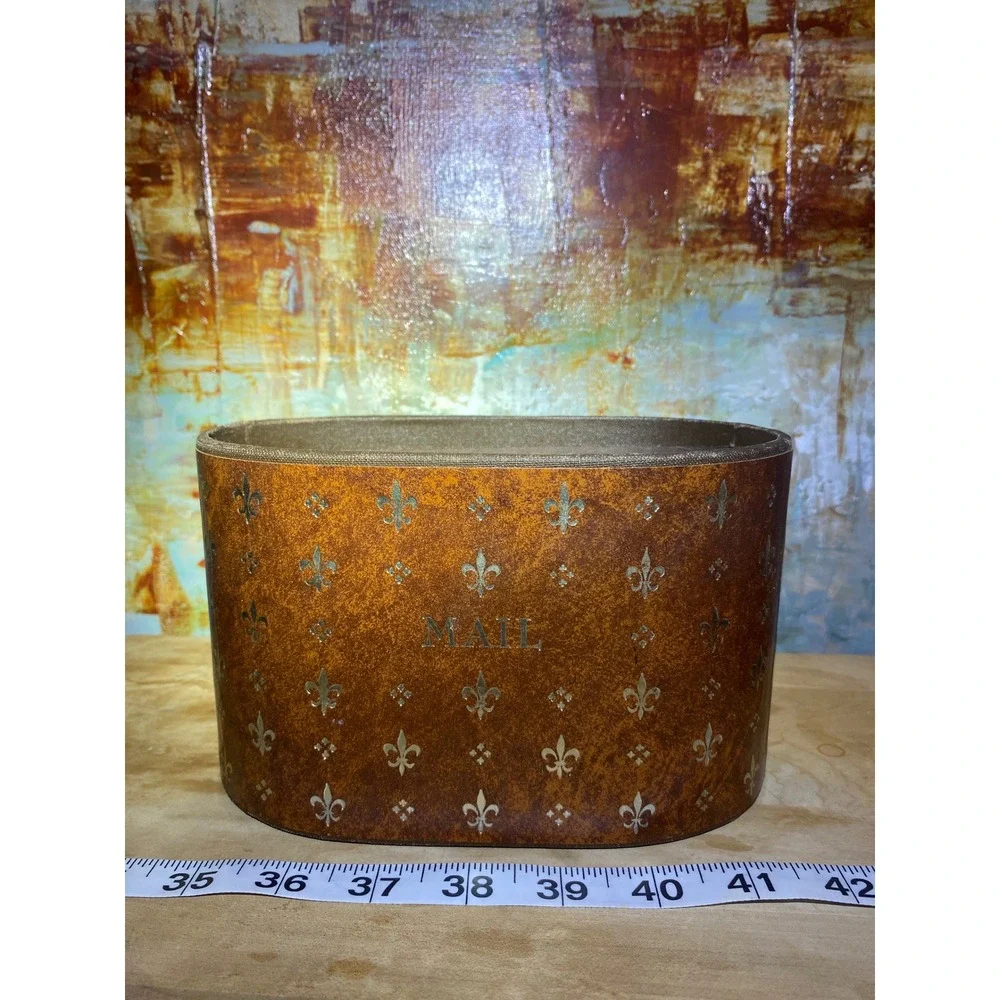 Vintage Style Fleur-de-lis Mail Organizer Brown Faux Leather Oval Letter Bin